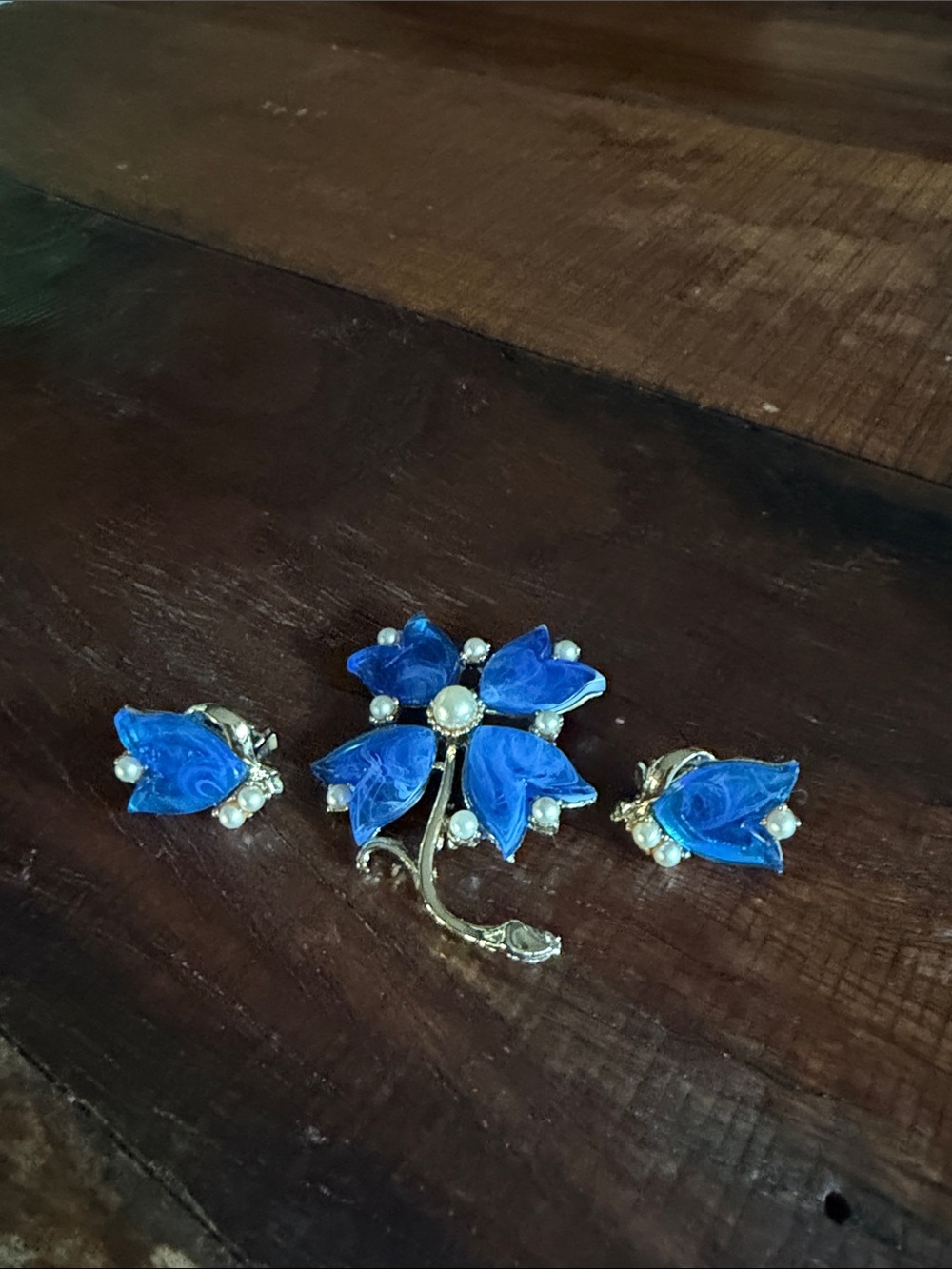 Blue Flower Pearl Accent Brooch and Earring Set